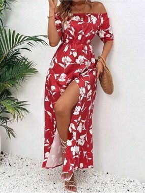 SHEIN Red Floral Maxi Dress with Side Slit